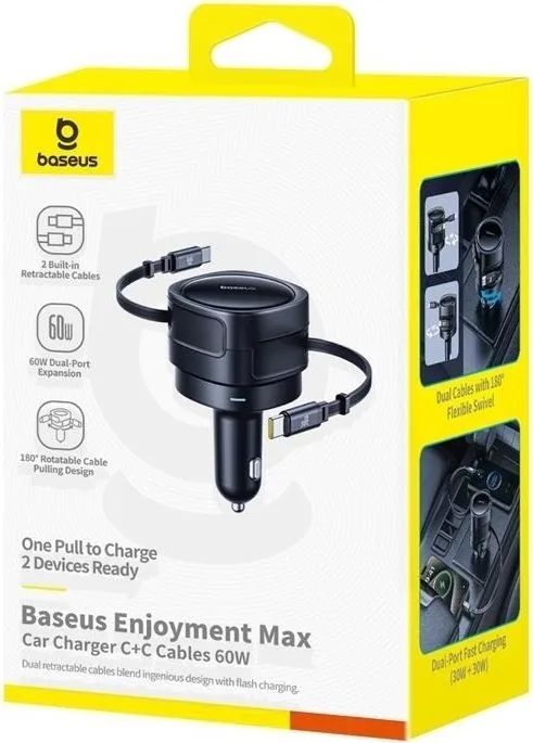 BASEUS Enjoyment MAX, φορτιστής ΑΥΤΟΚΙΝΗΤΟΥ, ΔΥΟ καλώδια Type-C, 60W, μαύρο — εικόνα 4