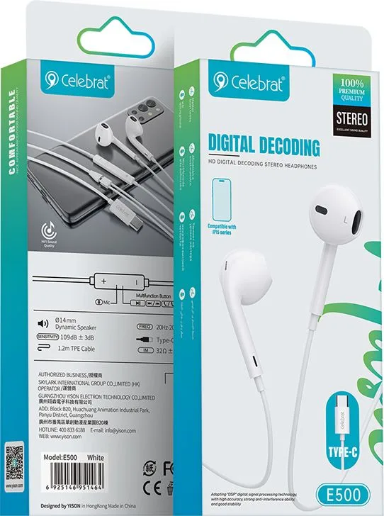 CELEBRAT earphones με μικρόφωνο E500, USB-C σύνδεση, Φ14mm, 1.2m, λευκά — εικόνα 4