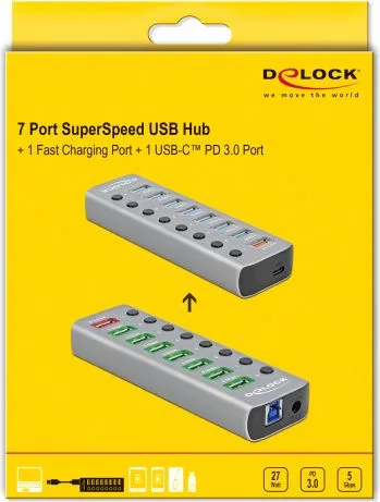 DELOCK USB hub 63264 με διακόπτες, 9x θυρών, 5Gbps, 12V/2.25A PD, γκρι — εικόνα 3