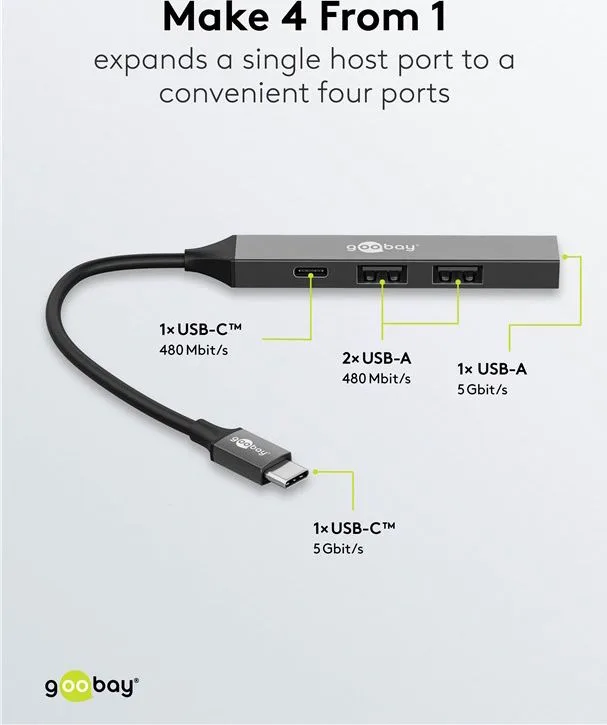 GOOBAY USB hub 74459, 4x θυρών, USB 3.2, 5Gbps, USB-C σύνδεση, γκρι — εικόνα 3