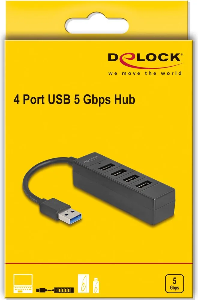 DELOCK USB hub 64350, 4x θυρών, USB 3.0, 5Gbps, USB σύνδεση, μαύρος — εικόνα 2