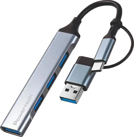 POWERTECH USB hub PTR-0206, 4x θυρών, USB 3.0, 5Gbps, USB & USB-C σύνδεση, γκρι