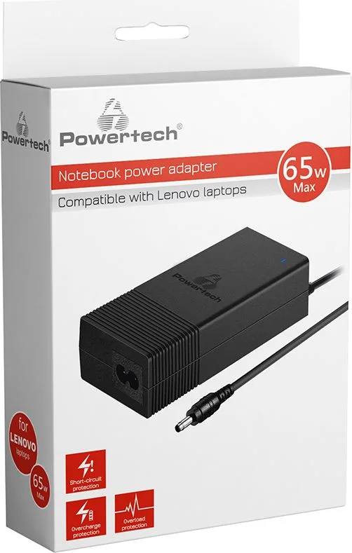 POWERTECH φορτιστής laptop PT-1038 για Lenovo, 65W, 1.8m, μαύρος — εικόνα 2
