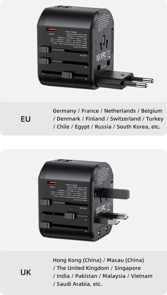 USAMS φορτιστής/αντάπτορας πρίζας US-CC179, USB-C & 2x USB, universal, 20W, μαύρος — εικόνα 8