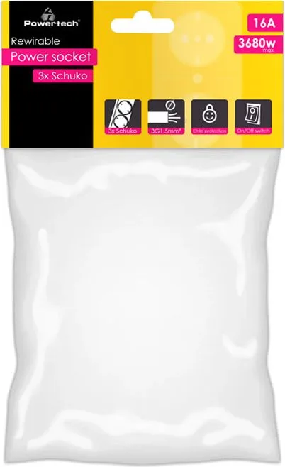 POWERTECH πολύπριζο PT-885, 3x schuko, 16A, χωρίς καλώδιο, λευκό — εικόνα 2