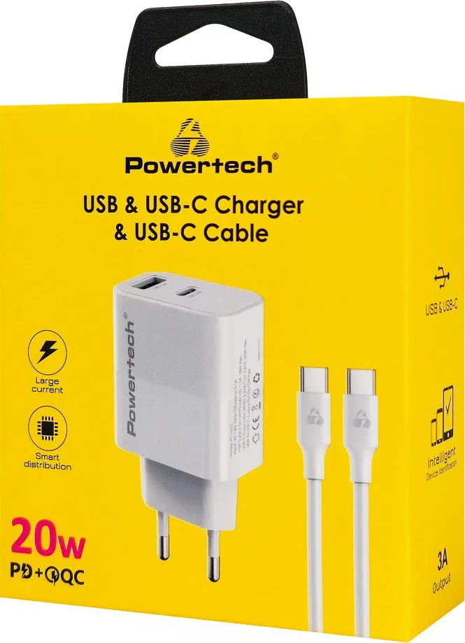 POWERTECH φορτιστής τοίχου PT-1635 με καλώδιο, USB/USB-C, 20W, λευκός — εικόνα 3