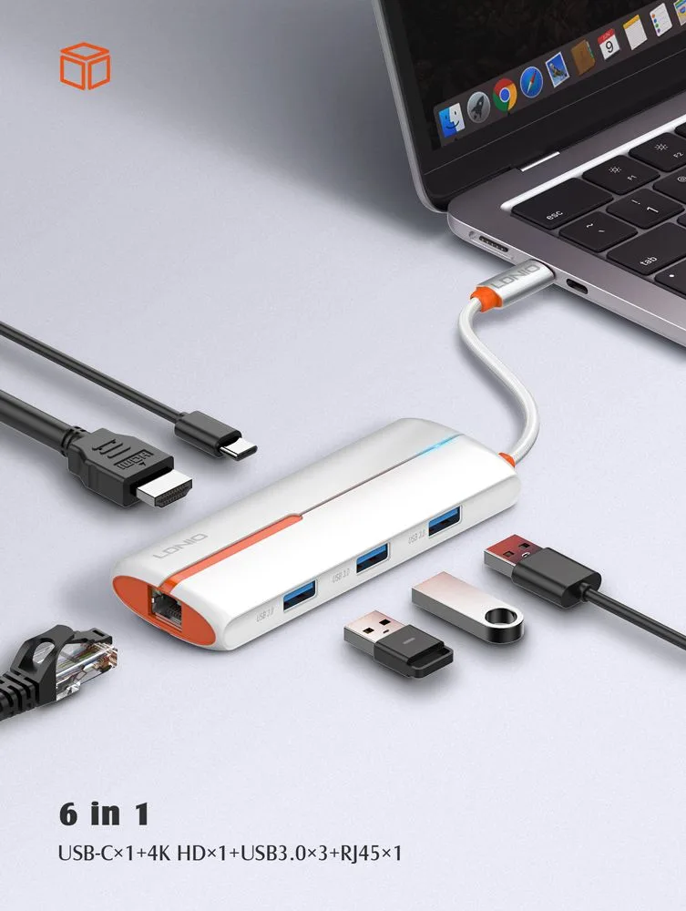 LDNIO docking station DS-26H, 6 θυρών, USB-C σύνδεση, 4K, 100W PD, λευκό — εικόνα 3