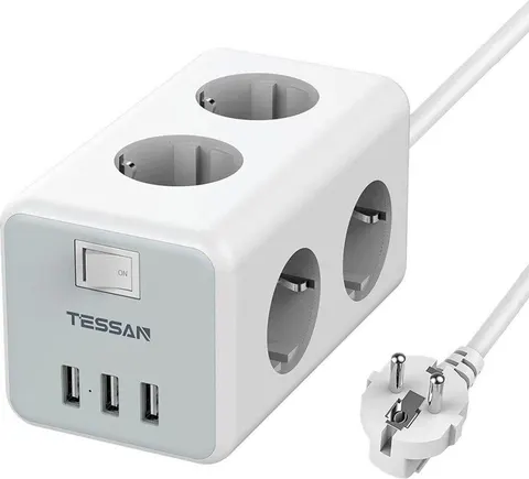 TESSAN TS306 πολύμπριζο 6 ΘΕΣΕΩΝ, 3 USB, Γκρι/λευκο