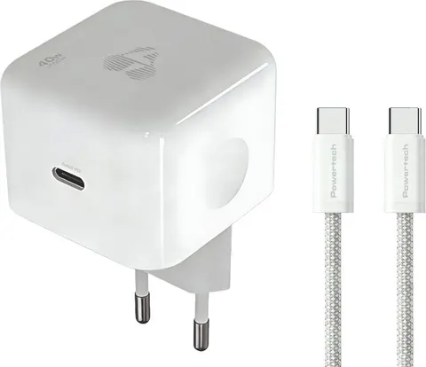 POWERTECH φορτιστής τοίχου PT-1581 με καλώδιο, USB-C, 40 έως 60W, GaN, AVS, λευκός