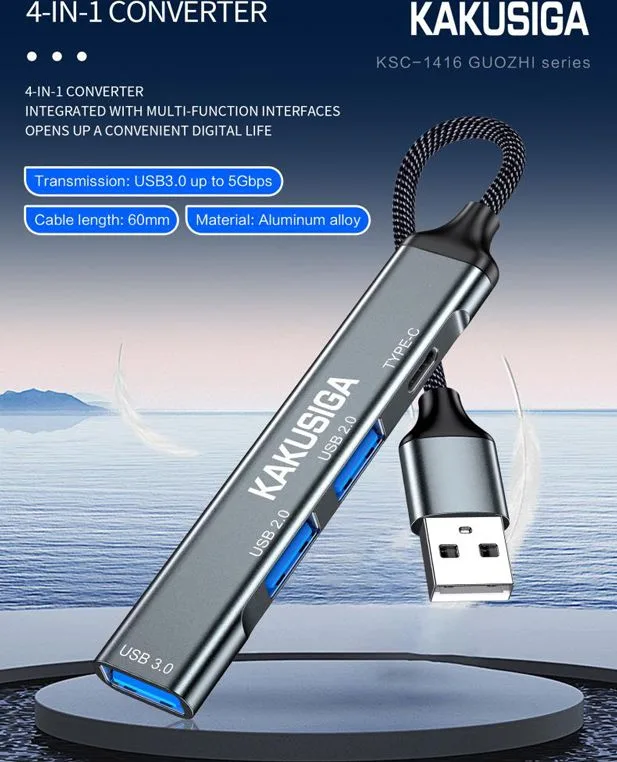 KAKUSIGA USB hub KSC-1416, 4x θυρών, USB 3.0, 5Gbps, USB σύνδεση, γκρι — εικόνα 2