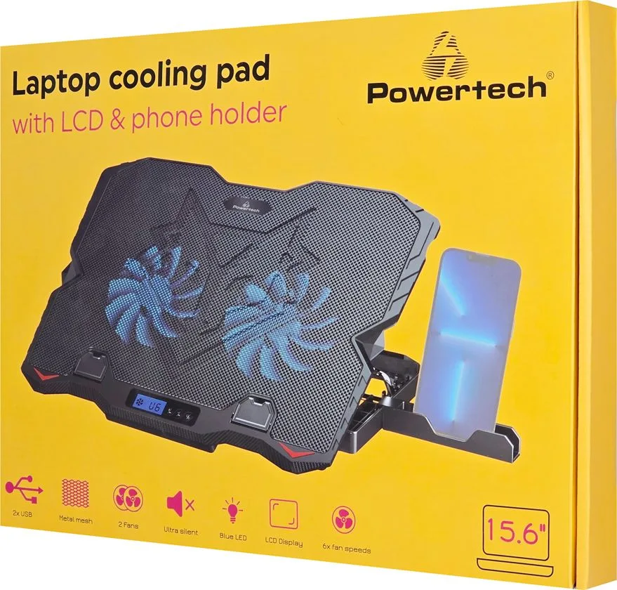 POWERTECH βάση & ψύξη laptop PT-1346, έως 15.6", 2x 125mm LED fan, μαύρη — εικόνα 6