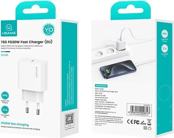 USAMS φορτιστής τοίχου CC226, USB-C, 20W, λευκός — εικόνα 4