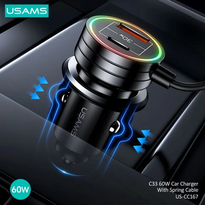 USAMS φορτιστής αυτοκινήτου US-CC167 με καλώδιο, USB/USB-C, 60W, μαύρος — εικόνα 4