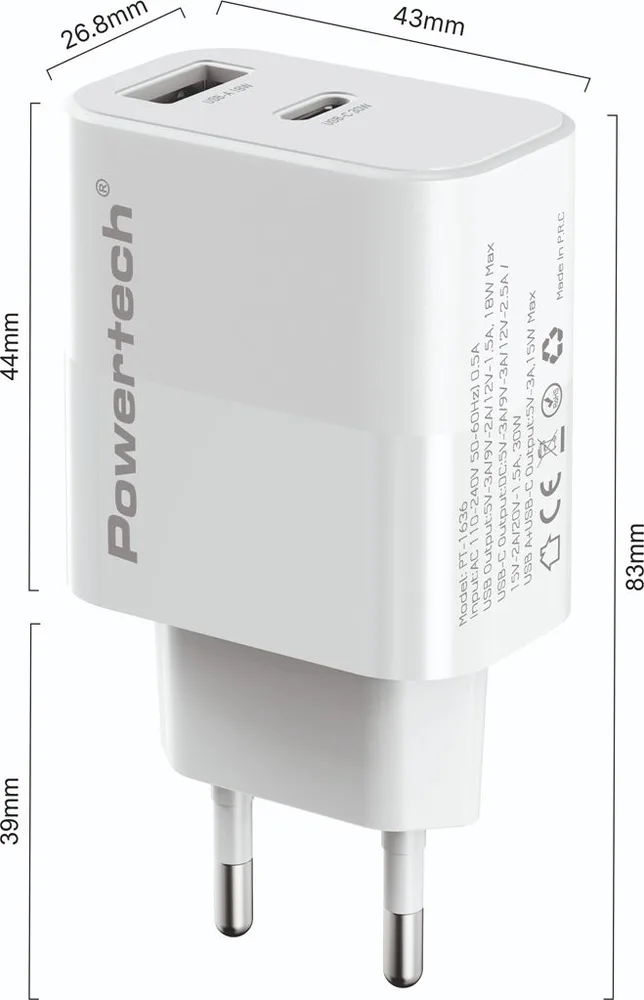 POWERTECH φορτιστής τοίχου PT-1635 με καλώδιο, USB/USB-C, 20W, λευκός — εικόνα 2