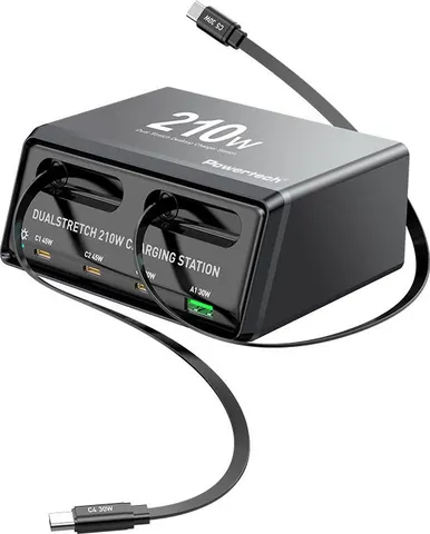 POWERTECH σταθμός φόρτισης PT-1623, USB/3x USB-C/2x USB-C καλώδια, GaN, 160W, μαύρος
