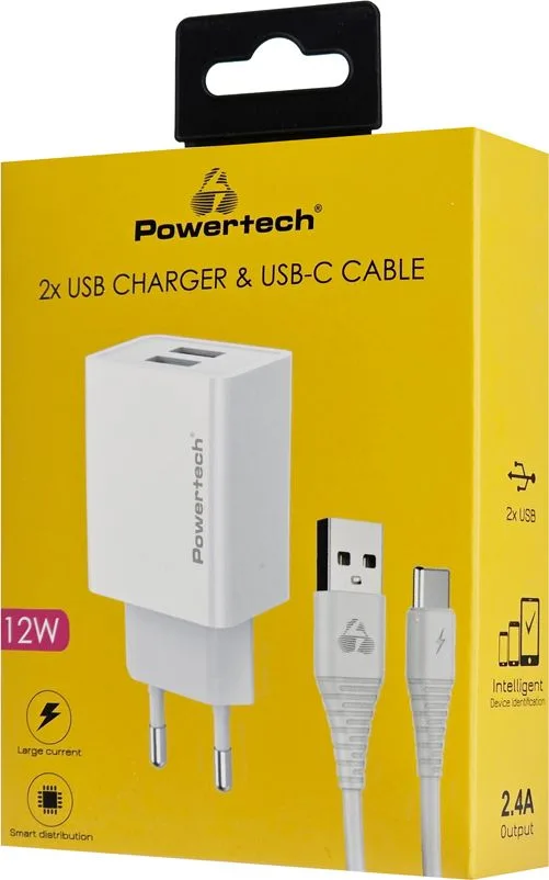 POWERTECH φορτιστής τοίχου PT-1324 με καλώδιο USB-C, 2x USB, 12W, λευκός — εικόνα 2