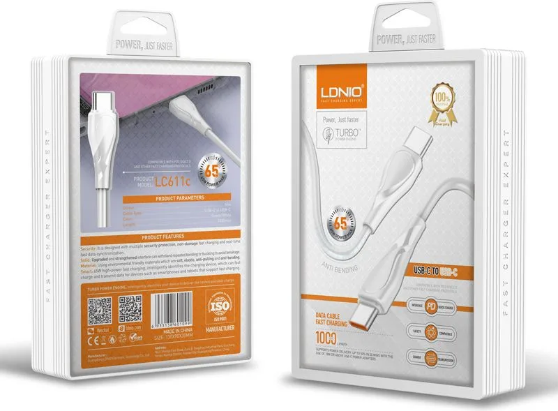 LDNIO καλώδιο USB-C σε USB-C LC611C, 65W PD, 1m, λευκό — εικόνα 5