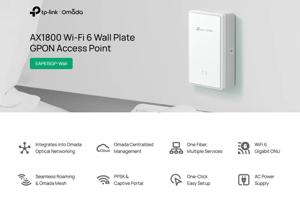 TP-LINK access point EAP615GP-Wall, WiFi 6, 1800Mbps AX1800, Mesh, GPON, V1.0 — εικόνα 2