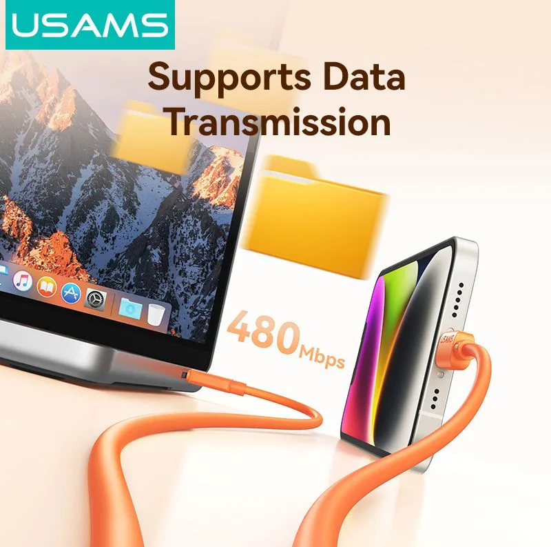 USAMS καλώδιο Lightning σε USB-C SJ788, σιλικόνης, 30W, 480Mbps, 1m, μαύρο — εικόνα 5