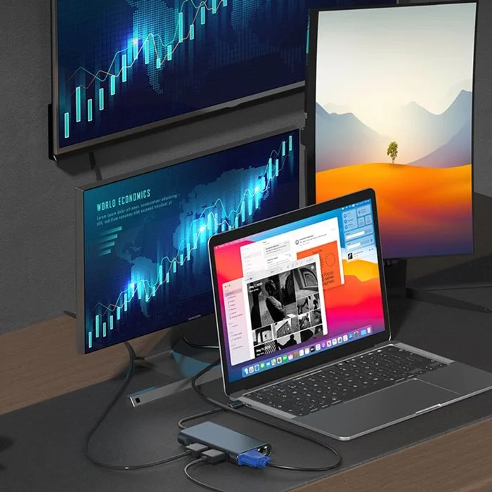 POWERTECH docking station BYL-2311 8 θυρών, USB-C σύνδεση, 100W PD, γκρι — εικόνα 3