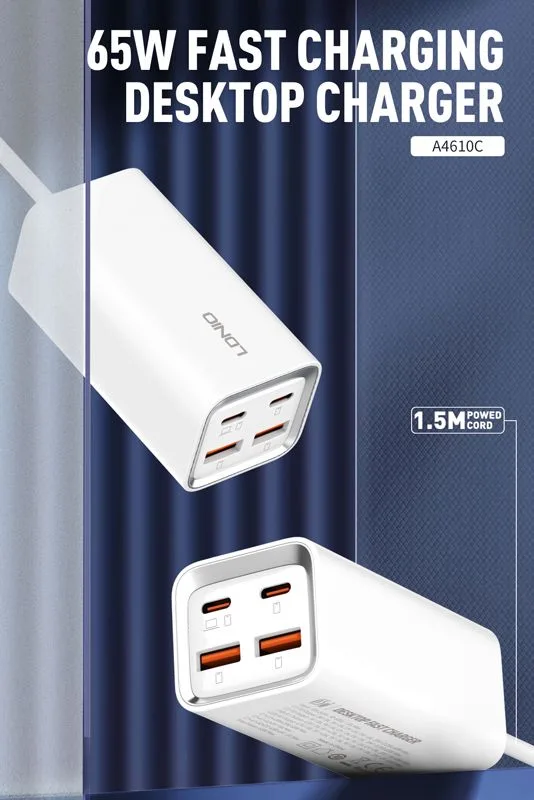 LDNIO σταθμός φόρτισης A4610C, 2x USB-C & 2x USB, 65W, PD/QC, λευκός — εικόνα 4