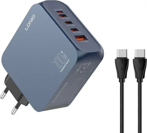 LDNIO φορτιστής τοίχου Q8 με καλώδιο USB-C, USB/Lightning/3x USB-C, GaN, 100W, μπλε