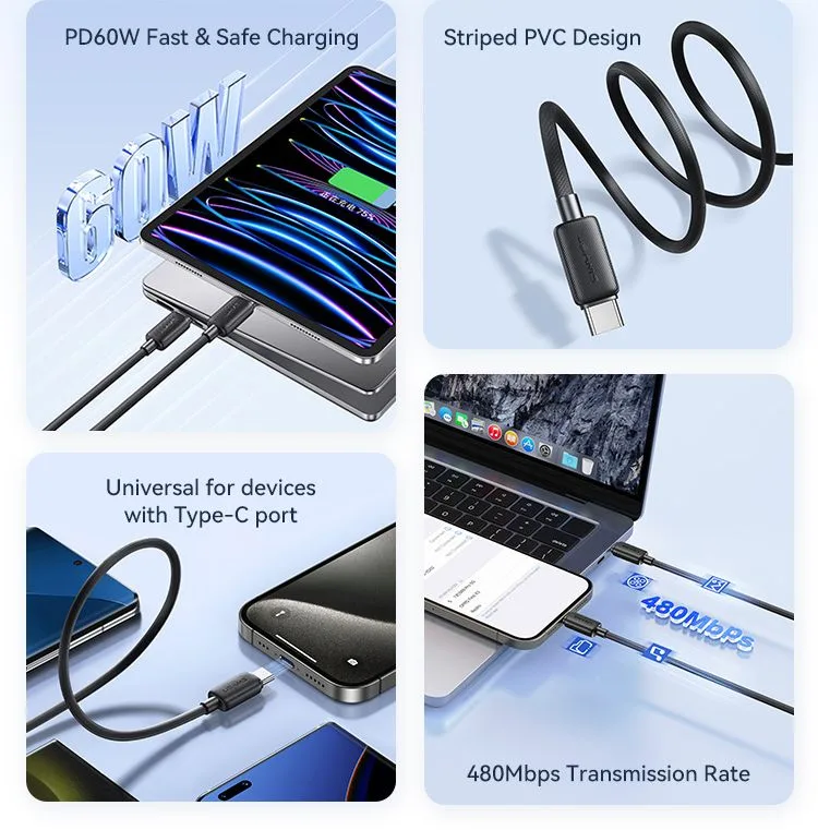 USAMS καλώδιο USB-C σε USB-C US-SJ691, 60W, 480Mbps, 1m, λευκό — εικόνα 2