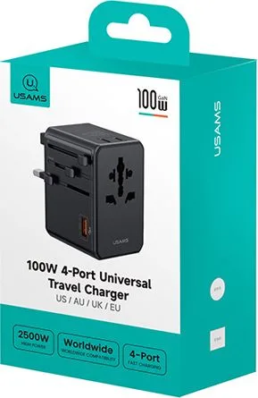 USAMS φορτιστής/αντάπτορας πρίζας CC334, USB & 3x USB-C, universal, 100W, GaN, μαύρος — εικόνα 8