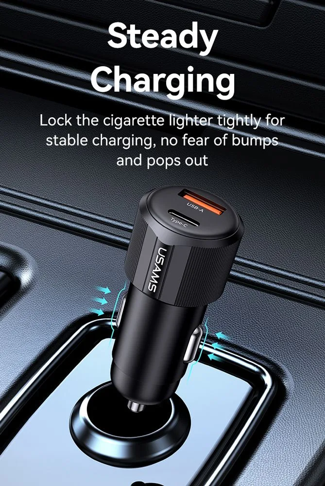 USAMS φορτιστής αυτοκινήτου CC283, USB & USB-C, 60W, μαύρος — εικόνα 2