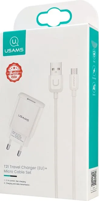USAMS φορτιστής τοίχου T21OCMC01 με καλώδιο Micro USB, USB 2.1A, λευκός — εικόνα 3
