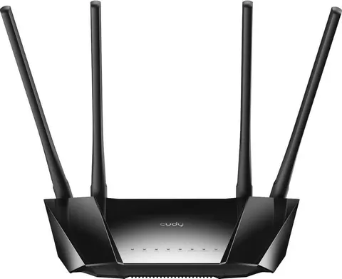 Cudy LT400 router, μπροστινή όψη με τέσσερις μαύρες κεραίες και ασημί πάνελ στη μέση