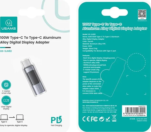 USAMS αντάπτορας USB-C US-SJ682 με οθόνη, 100W, γκρι — εικόνα 4