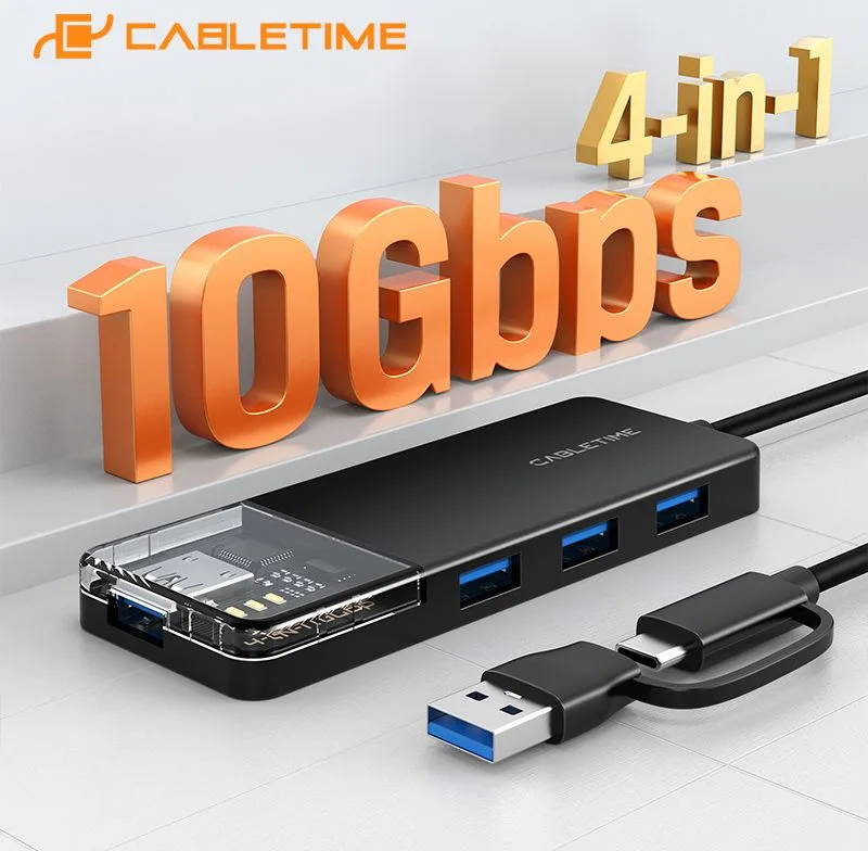 CABLETIME USB hub CT-HUBT5-PB, 4x θυρών, 10Gbps, USB/USB-C σύνδεση, μαύρο — εικόνα 3