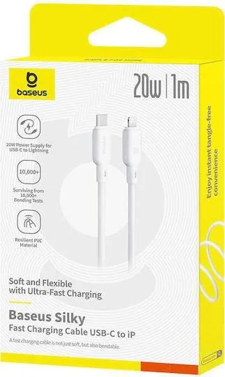 BASEUS Silky Series, καλώδιο ΓΡΗΓΟΡΗΣ φόρτισης Type-C ΣΕ Lightning, 20W, 2m, λευκό — εικόνα 4