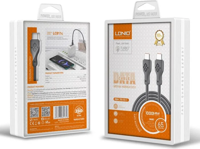 LDNIO καλώδιο USB-C σε USB-C LC811C, 65W PD, 1m, γκρι — εικόνα 6