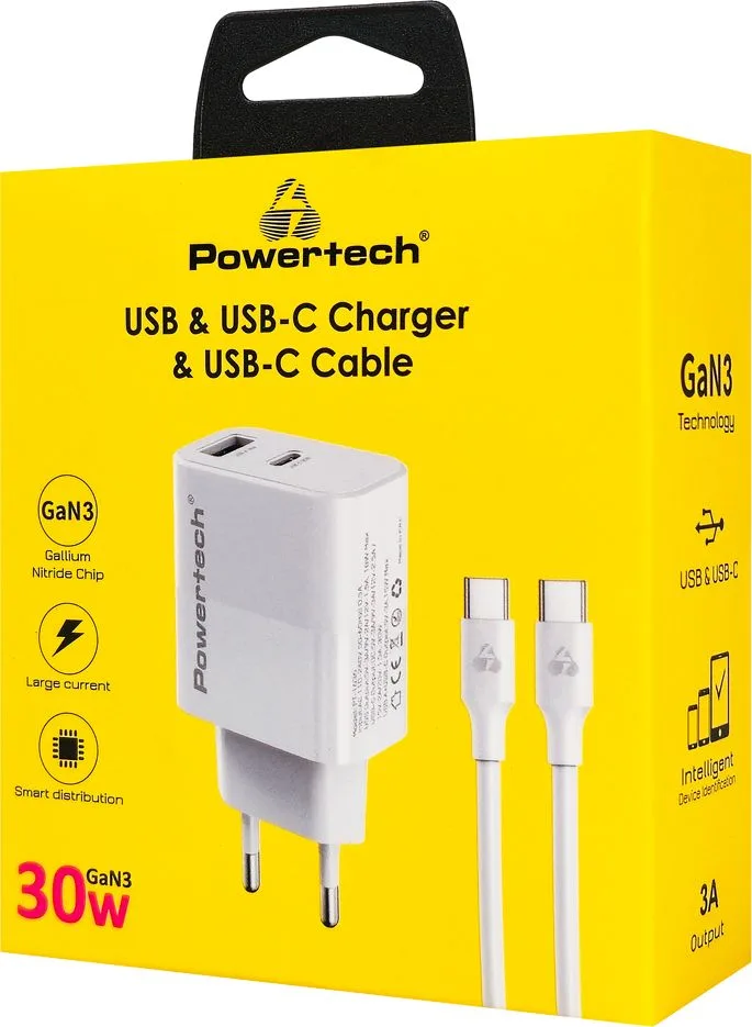 POWERTECH φορτιστής τοίχου PT-1636 με καλώδιο, USB/USB-C, 30W, GaN, λευκός — εικόνα 3