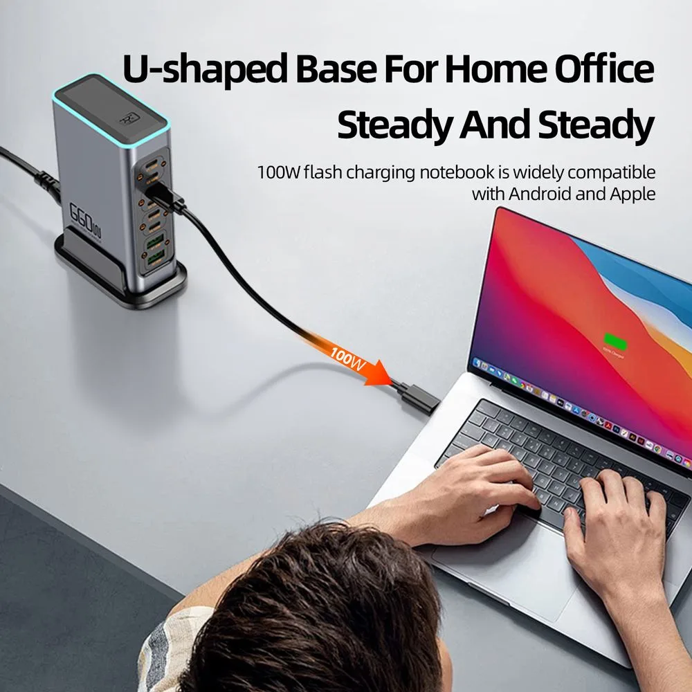 POWERTECH σταθμός φόρτισης PT-1621, 2x USB & 6x USB-C, GaN, 140W, γκρι — εικόνα 3