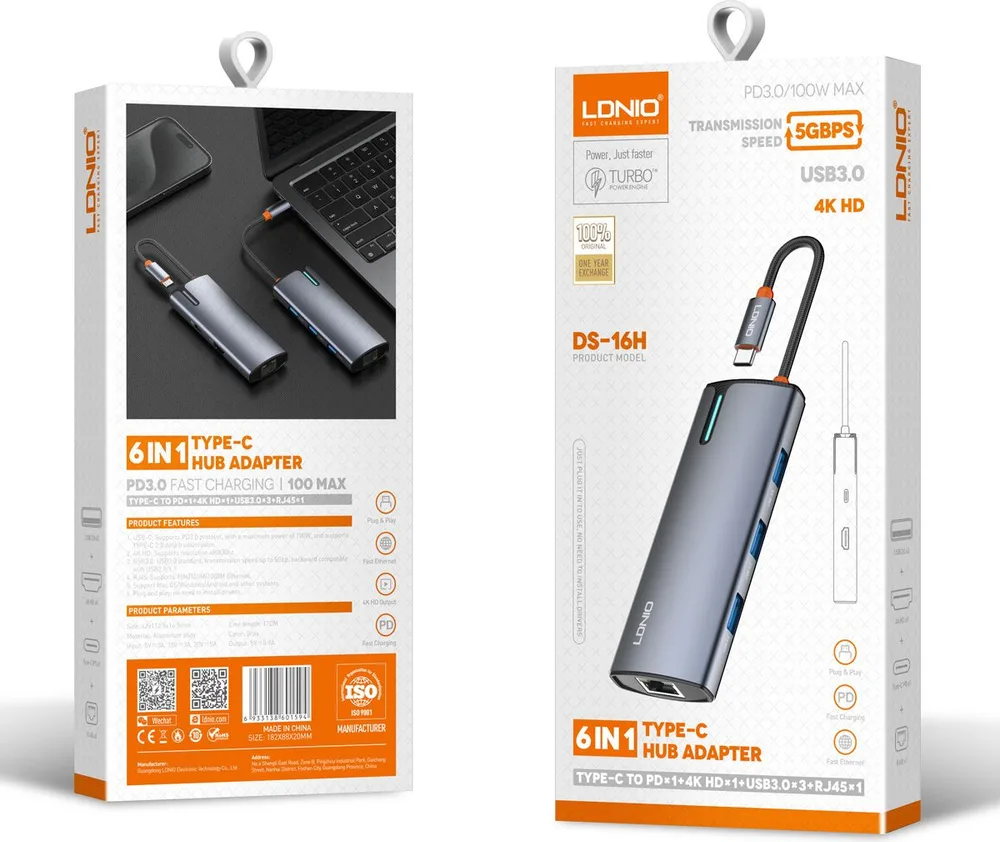 LDNIO docking station DS-16H, 6 θυρών, USB-C σύνδεση, 4K, 100W PD, γκρι — εικόνα 6