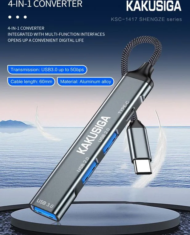 KAKUSIGA USB hub KSC-1417, 4x θυρών, USB 3.0, 5Gbps, USB-C σύνδεση, γκρι — εικόνα 2