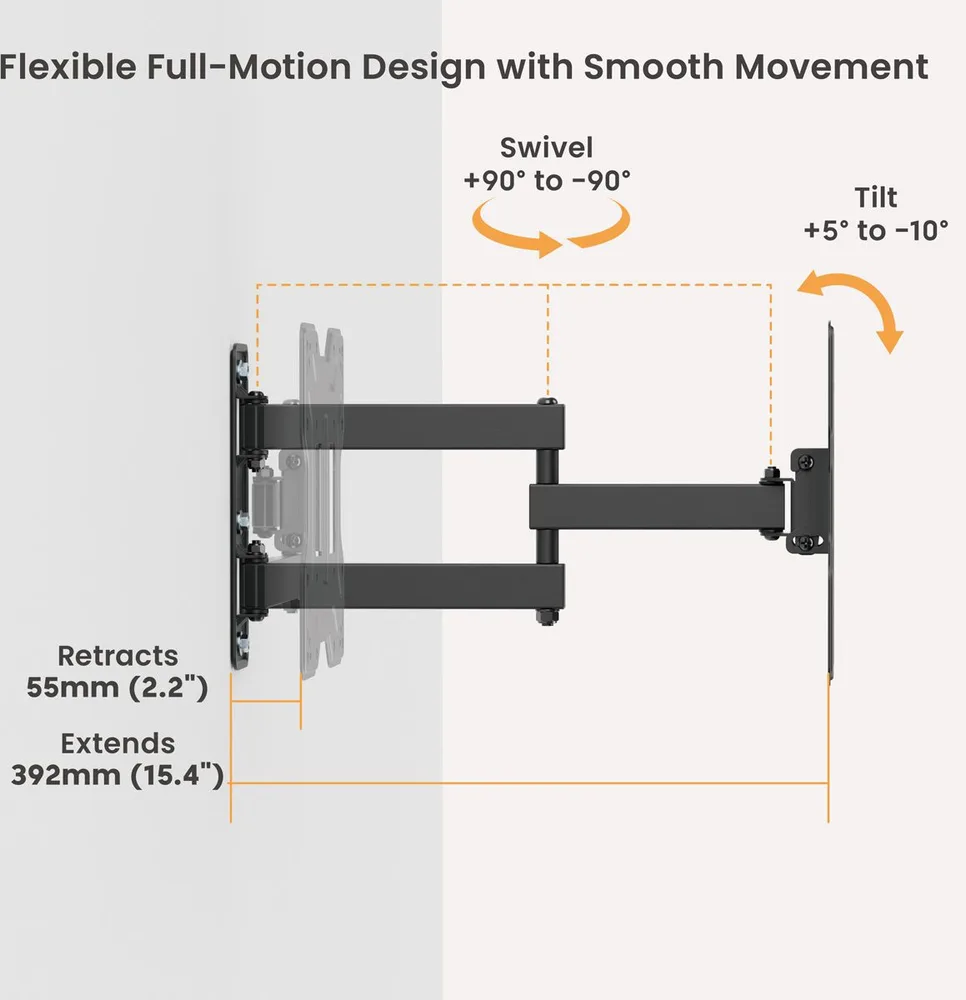 POWERTECH επιτοίχια βάση τηλεόρασης PT-1556, 23-43", έως 30kg, full motion — εικόνα 2