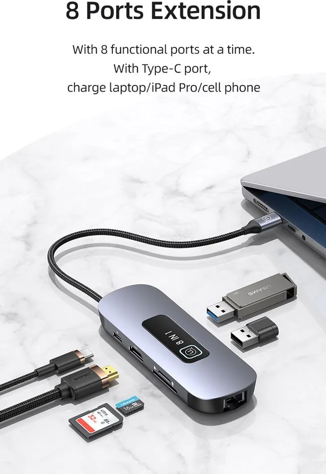 USAMS docking station US-SJ643, 8 θυρών, USB-C, 4K, 100W PD, LAN, γκρι — εικόνα 2