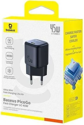 BASEUS Picogo GAN, φορτιστής ΓΡΗΓΟΡΗΣ φόρτισης, θύρα Type-C, 45W, ΜΑΥΡΟΣ — εικόνα 3