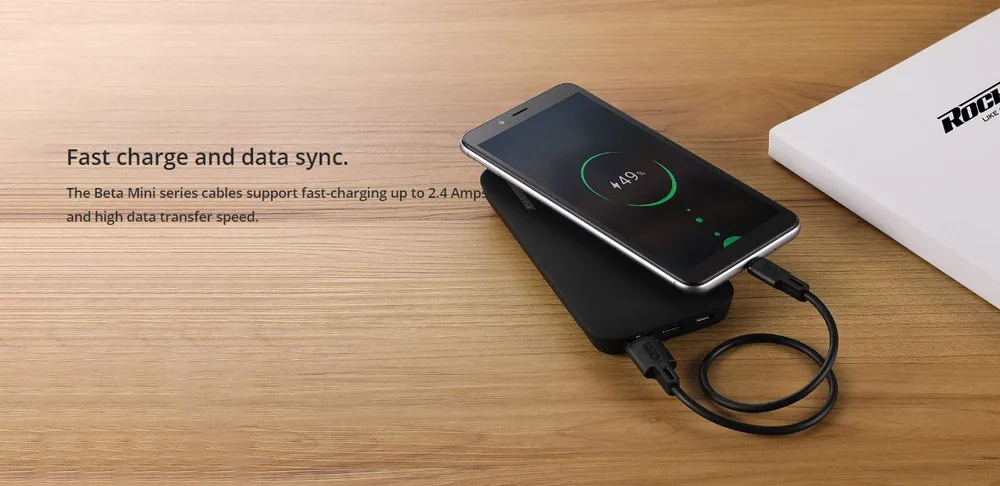 ROCKROSE καλώδιο USB σε Micro USB Beta AM Mini, 2.4A, 30cm, μαύρο — εικόνα 2