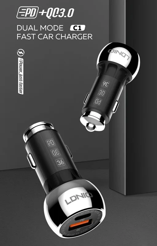 LDNIO φορτιστής αυτοκινήτου C1 με καλώδιο, USB & USB-C, 38W PD, μαύρος — εικόνα 2