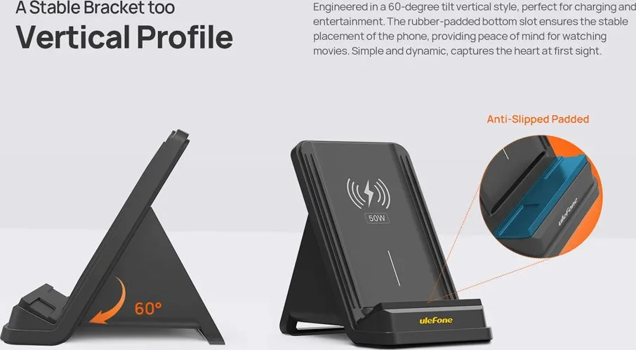 ULEFONE ασύρματος φορτιστής & βάση smartphone WCS01, 50W, μαύρος — εικόνα 5