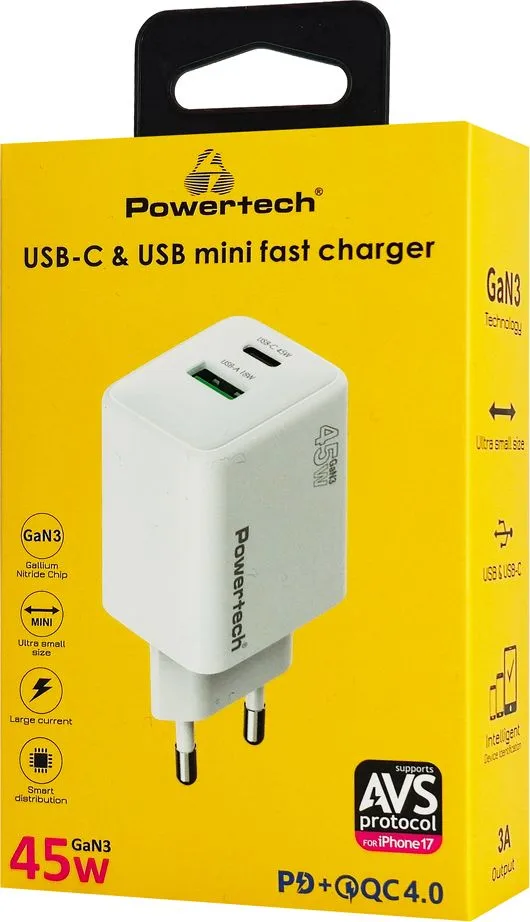 POWERTECH φορτιστής τοίχου PT-1551, USB/USB-C, 45W, GaN, AVS, λευκός — εικόνα 4