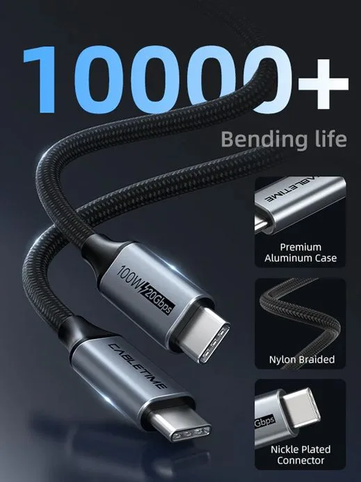 CABLETIME καλώδιο USB-C CT-C160-PU31-CMCM2, USB 3.2, 100W, 20Gbps, 4K, 1.5m, μαύρο — εικόνα 3