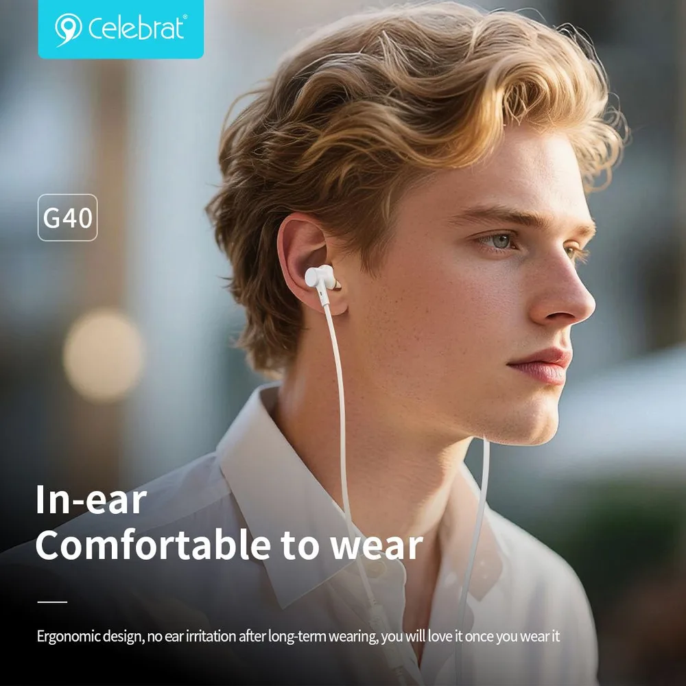 CELEBRAT earphones με μικρόφωνο G40, USB-C σύνδεση, 10mm, 1.2m, λευκά — εικόνα 2