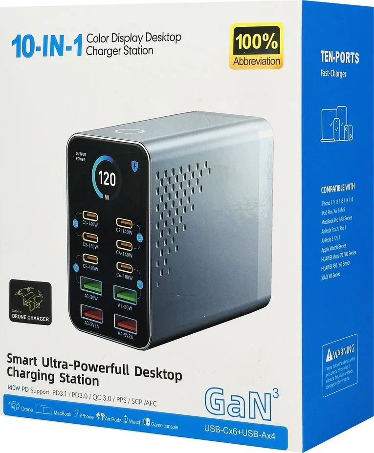 POWERTECH σταθμός φόρτισης PT-1687, 4x USB & 6x USB-C, GaN, 165W, γκρι — εικόνα 6