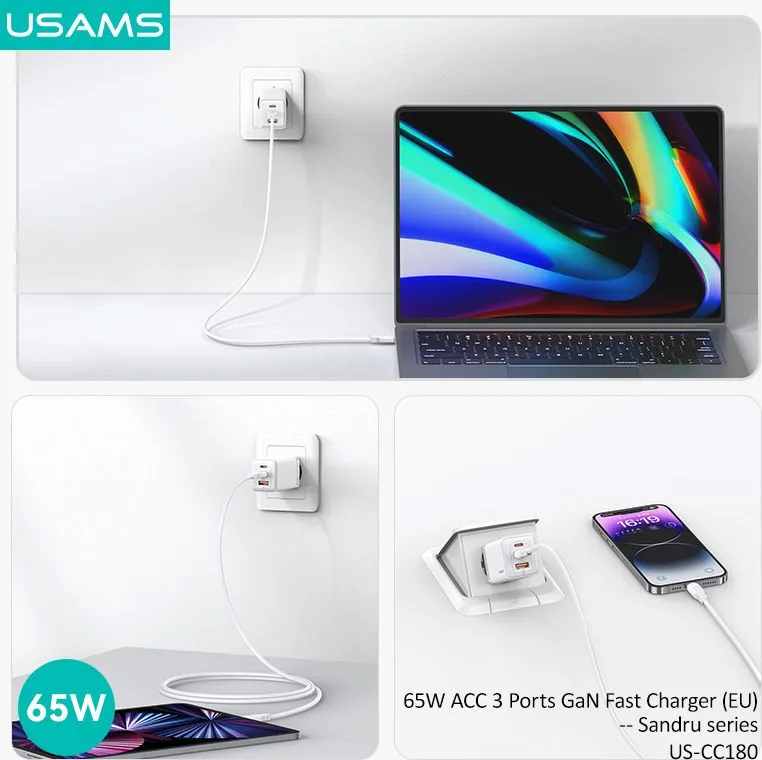 USAMS φορτιστής τοίχου US-CC180, USB & 2x USB-C, 65W PD, GaN, μαύρος — εικόνα 5
